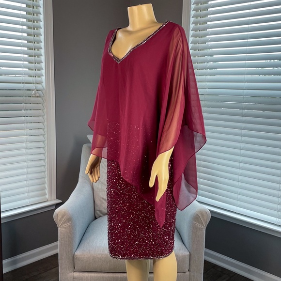 J Kara Women's Size Caplet V-Neck Short Cocktail Beaded Dress, Cranberry Multi - Picture 5 of 11